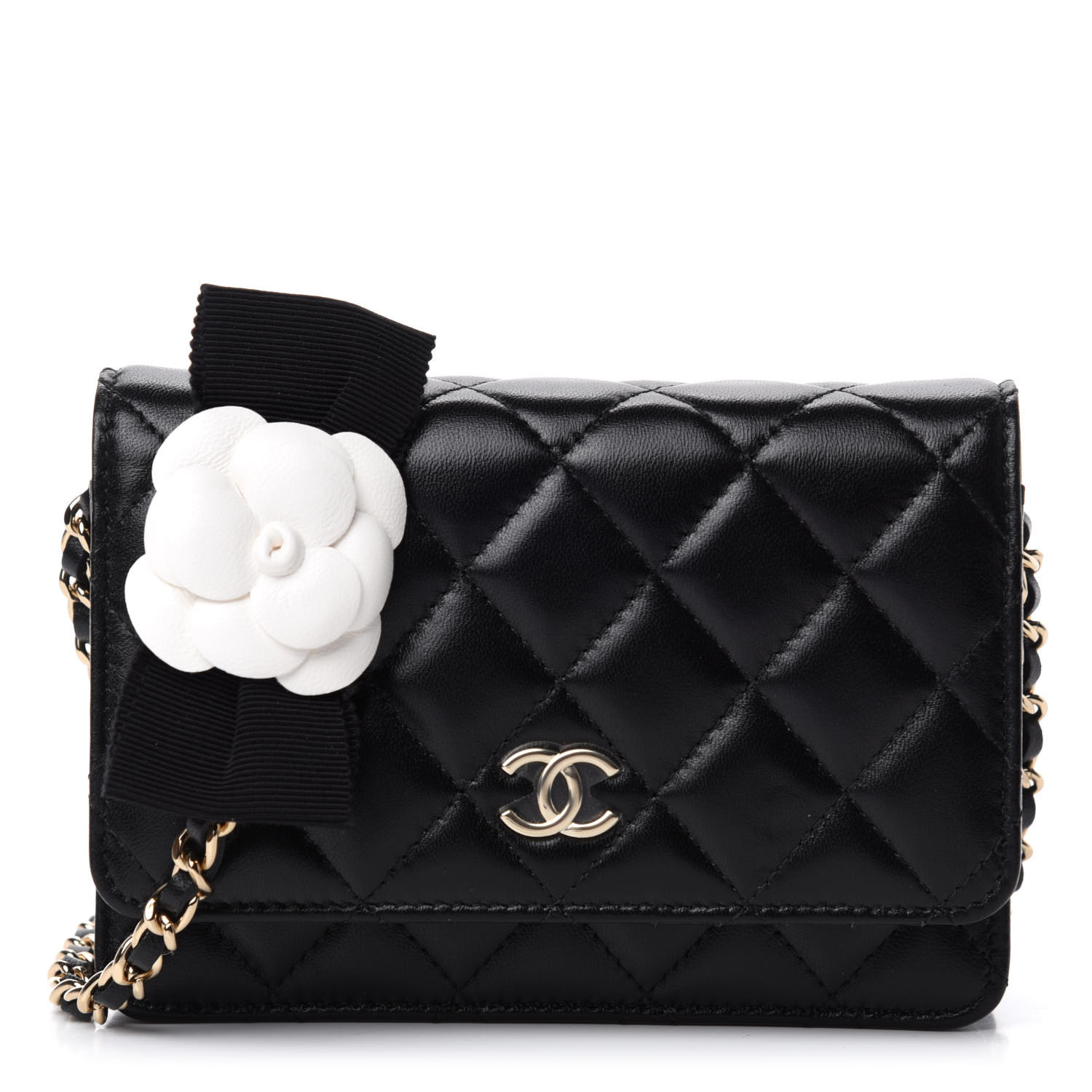 CHANEL Lambskin Quilted Mini Camellia Bow Wallet On Chain WOC Black