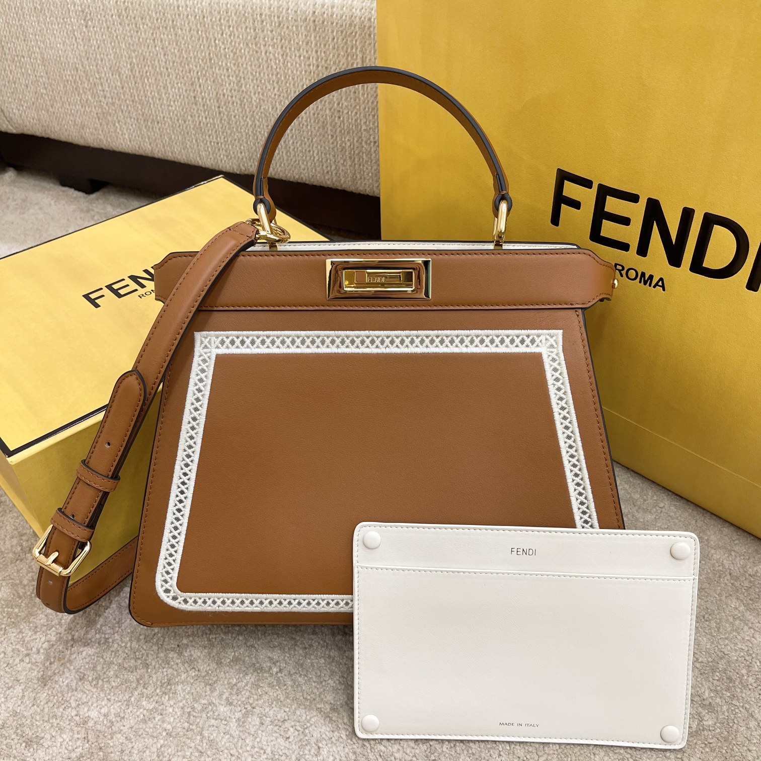 FENDI 1PEEKABOO ISEEU MEDIUM Embroidered brown leather bag