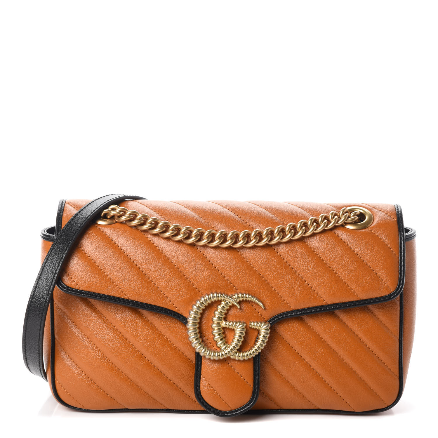 GUCCI 1Vintage Effect Calfskin Matelasse Small Striped GG Marmont Shoulder Bag Cognac Black