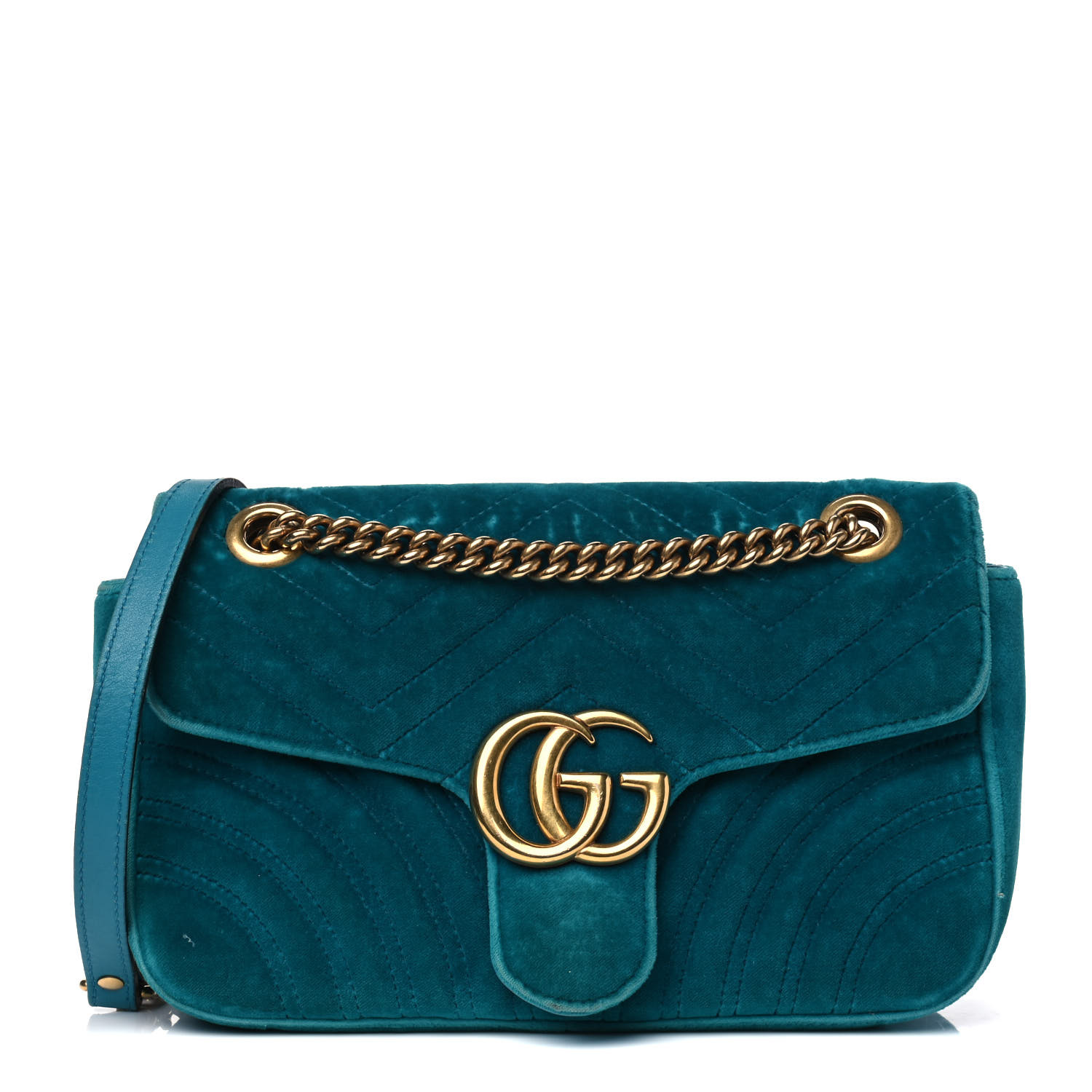 GUCCI Velvet Matelasse Small GG Marmont Shoulder Bag Petrol Blue