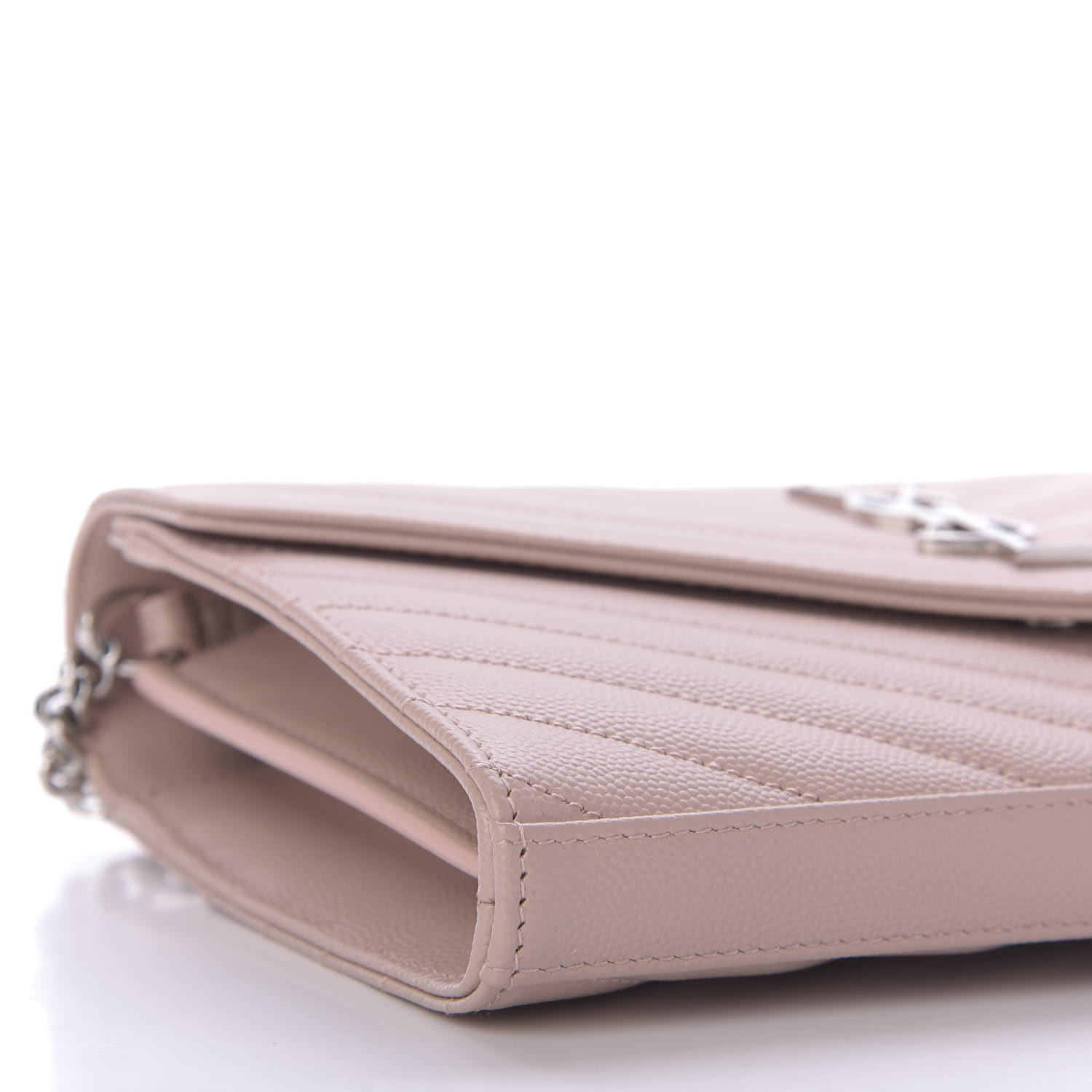 YSL Grain De Poudre Matelasse Chevron Monogram Chain Wallet Pale Pink