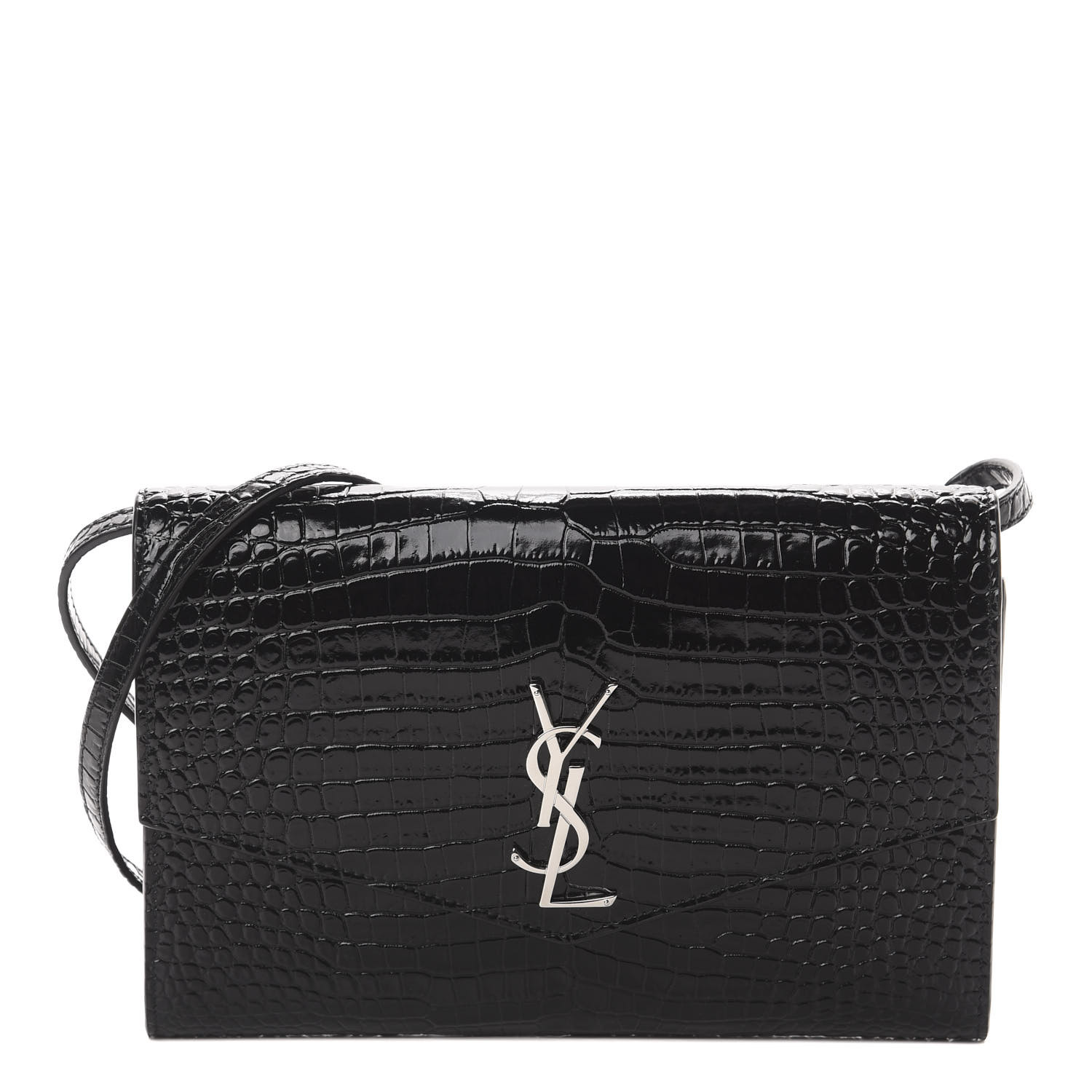 YSL Calfskin Crocodile Embossed Monogram Uptown Crossbody Black