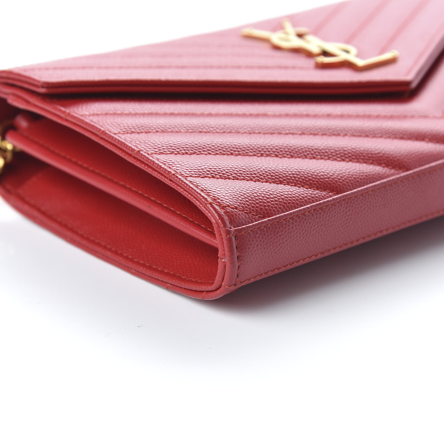 YSL Grain De Poudre Matelasse Chevron Monogram Envelope Chain Wallet Red