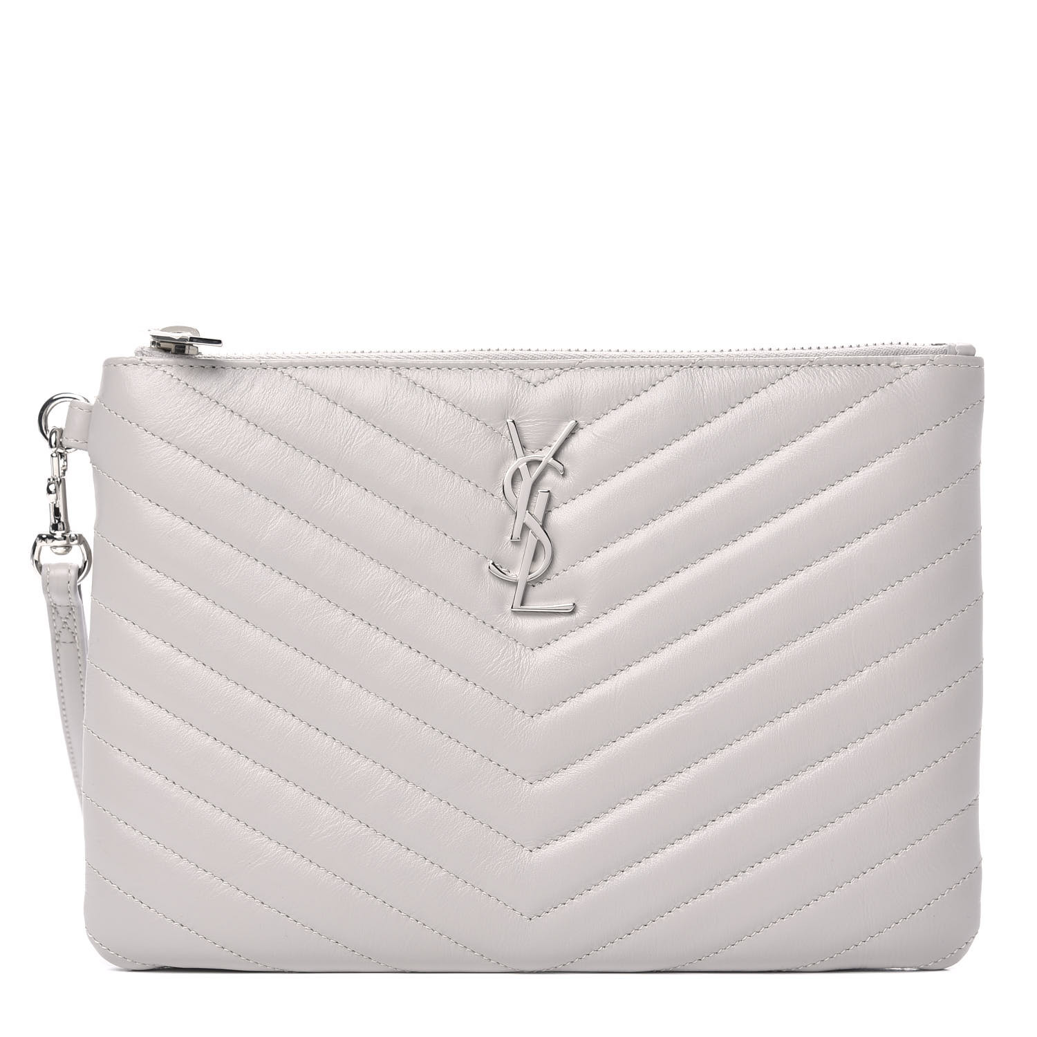 YSL Calfskin Matelasse Chevron Monogram A5 Wristlet Granite