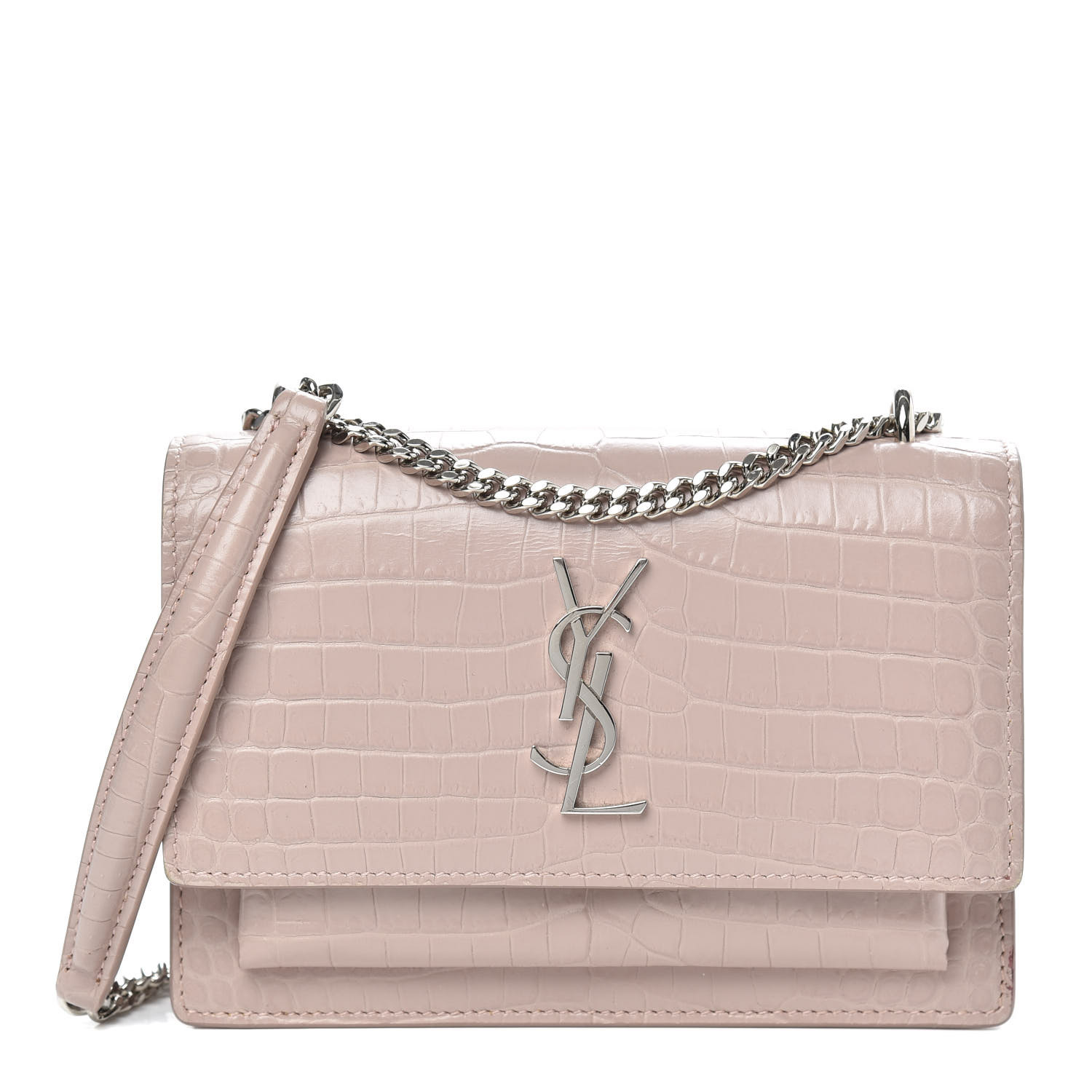 YSL Calfskin Crocodile Embossed Monogram Sunset Chain Wallet Marble Pink