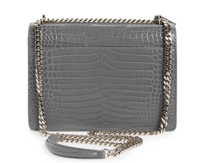 YSL Calfskin Crocodile Embossed Monogram Sunset Chain Wallet Marble gray