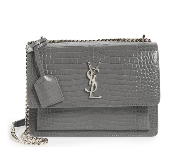 YSL Calfskin Crocodile Embossed Monogram Sunset Chain Wallet Marble gray